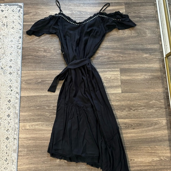 PAIGE Asymmetrical Cold Shoulder Dress Black with metal studs and fabric belt - Picture 12 of 12
